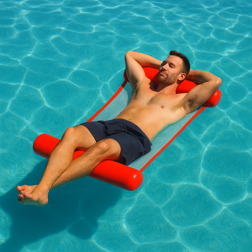 Man lying on a red pool float in clear blue water