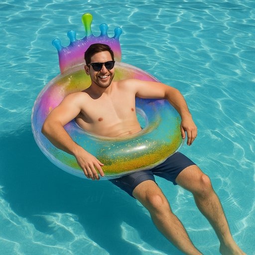 Man floating on a colorful inflatable ring in a pool