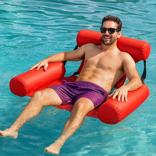 Man relaxing on a red inflatable chair in clear blue water