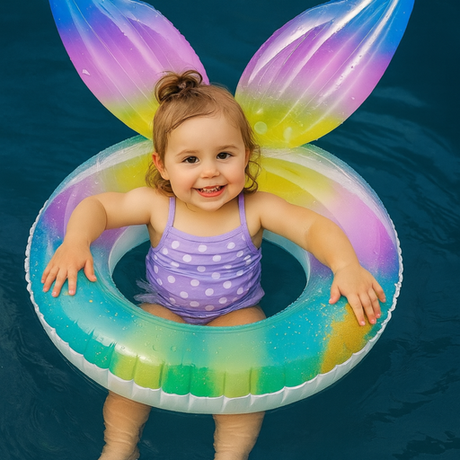 Child in a purple swimsuit with a colorful inflatable flower float in water