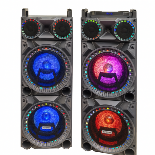 Pair of large outdoor speakers with colorful LED lights on a white background