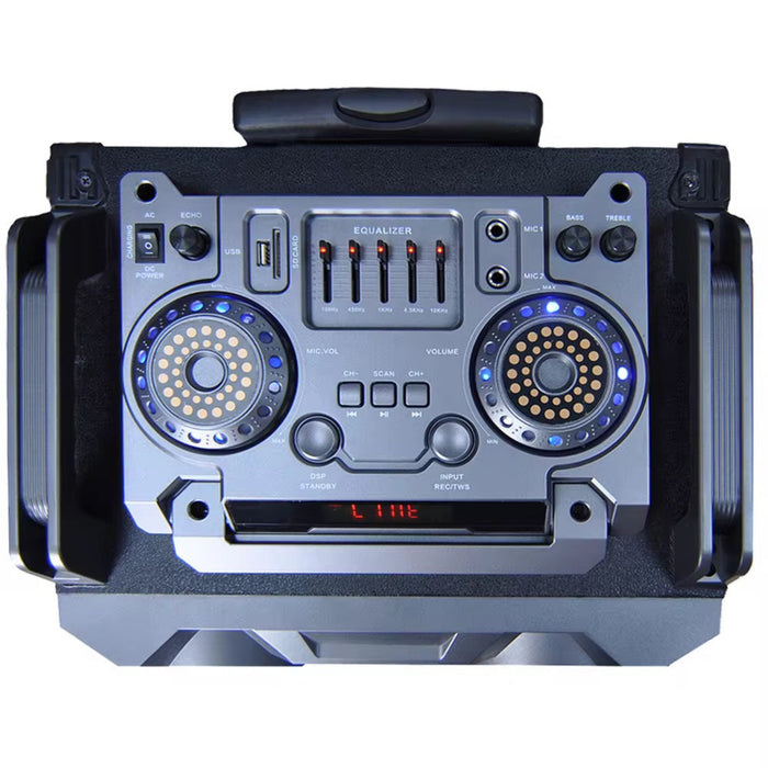 Portable audio mixer with control panels and buttons on a white background