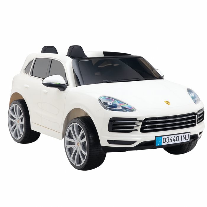 White toy car with black accents on a white background
