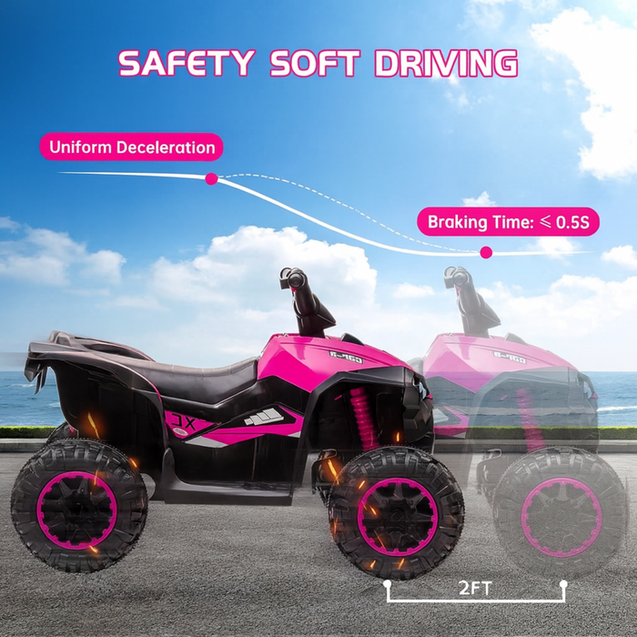Pink and black ATV with safety features labeled against a blue sky background