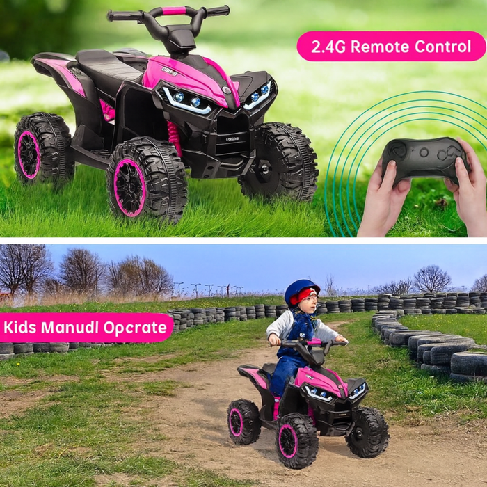 Children's ATV with remote control feature, operated by a child on a dirt path.