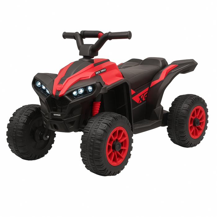 Black and red toy ATV on a white background