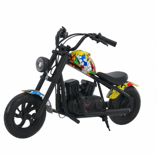 Black toy motorcycle with colorful helmet on a white background