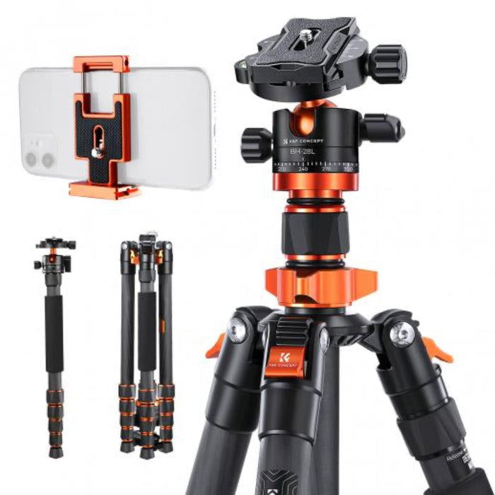 Camera tripod with smartphone holder on a white background
