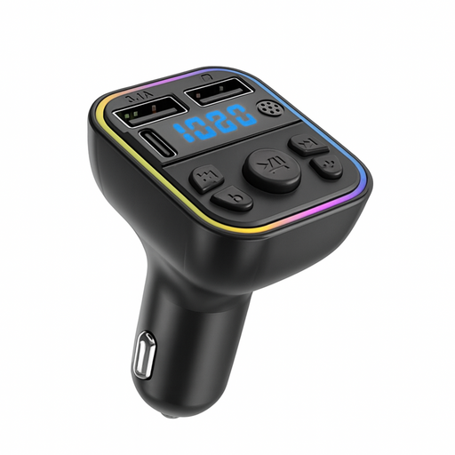 Black car charger with digital display on a white background