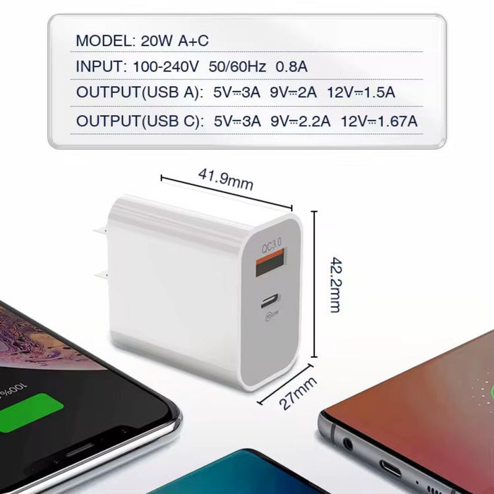 White power adapter with USB ports and charging specifications on a white background