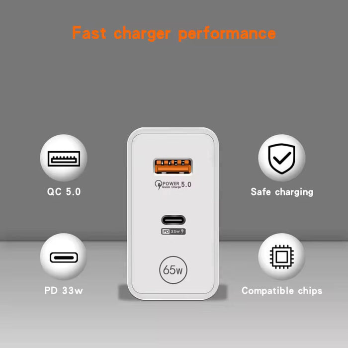 Fast charger performance with QC 5.0, PD 33w, safe charging, compatible chips on a gray background