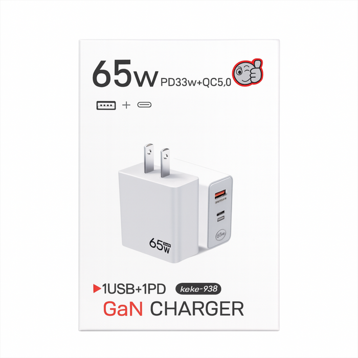 65W GaN Fast Charger | 1 USB + 1 PD | QC 5.0 + PD 33W