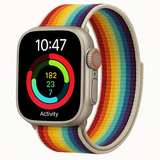 Smartwatch with a rainbow band on a white background
