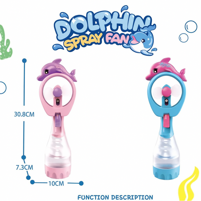 Dolphin spray fans with measurements and function description on a white background