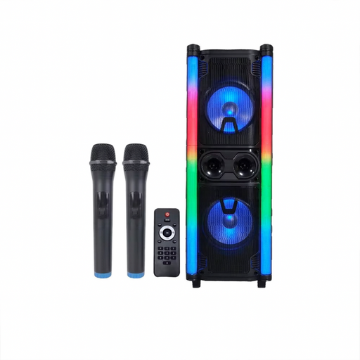 Portable speaker with RGB lighting效果, two microphones, and a remote control on a white background
