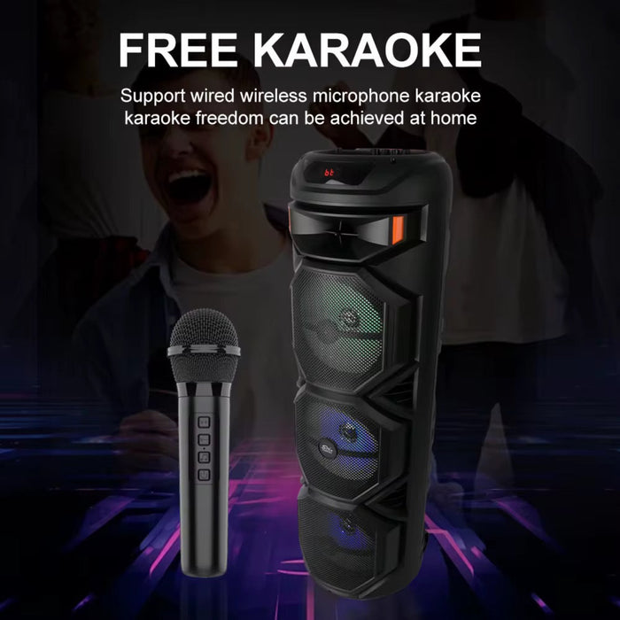 Karaoke microphone and speaker with text 'Free Karaoke' on a dark background