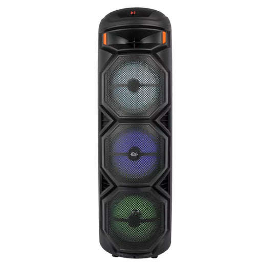 Black party speaker with RGB lighting on a white background