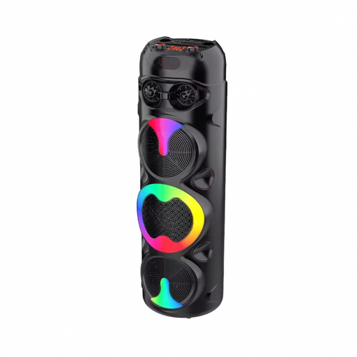 Black party speaker with colorful LED lights on a white background