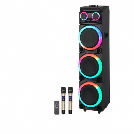 Tall black speaker with colorful LED lights and two wireless microphones on a white background