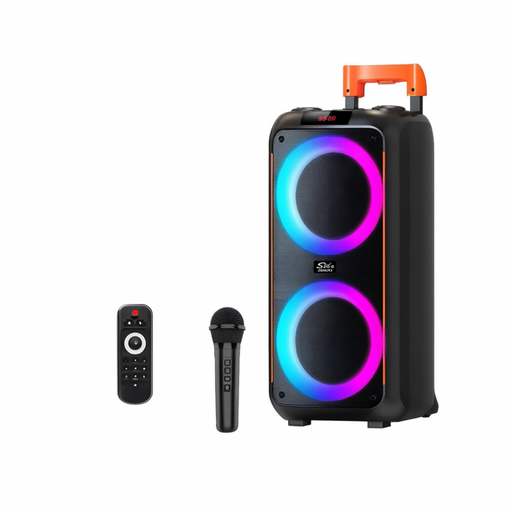 Portable speaker with RGB lighting, remote control, and microphone on a white background