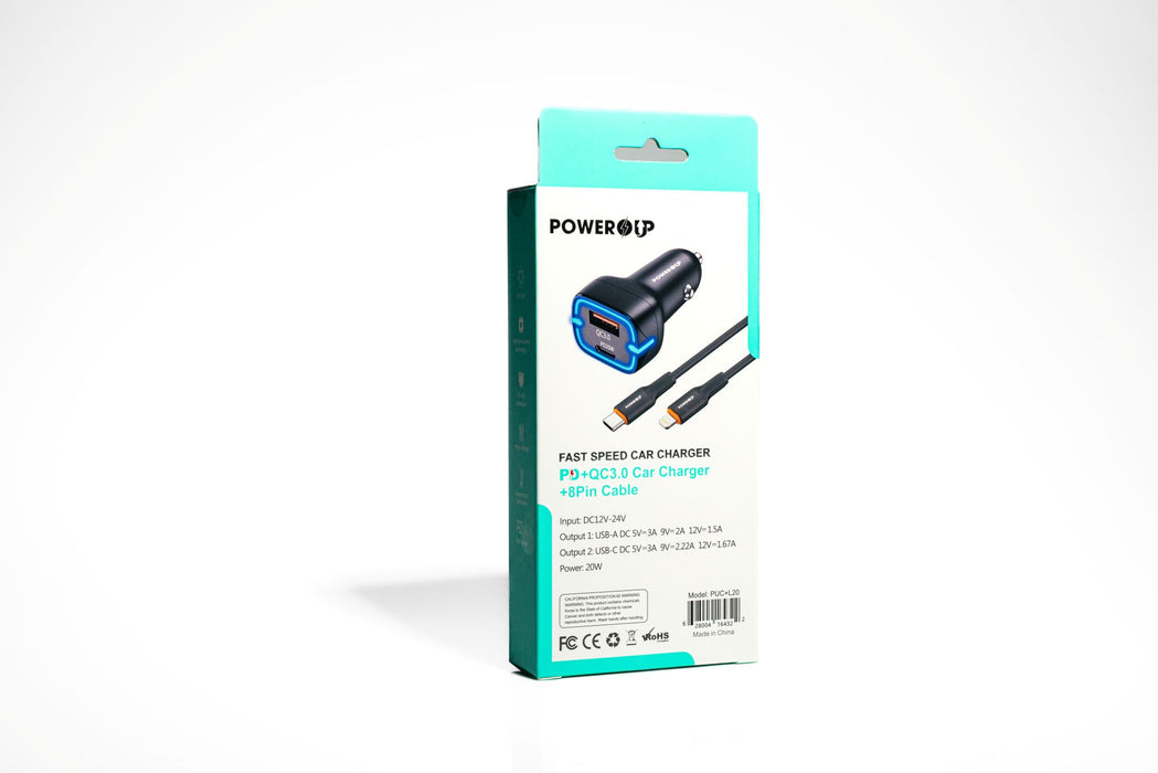 POWER UP 20W PD + QC3.0 Fast Car Charger with Lightning Cable