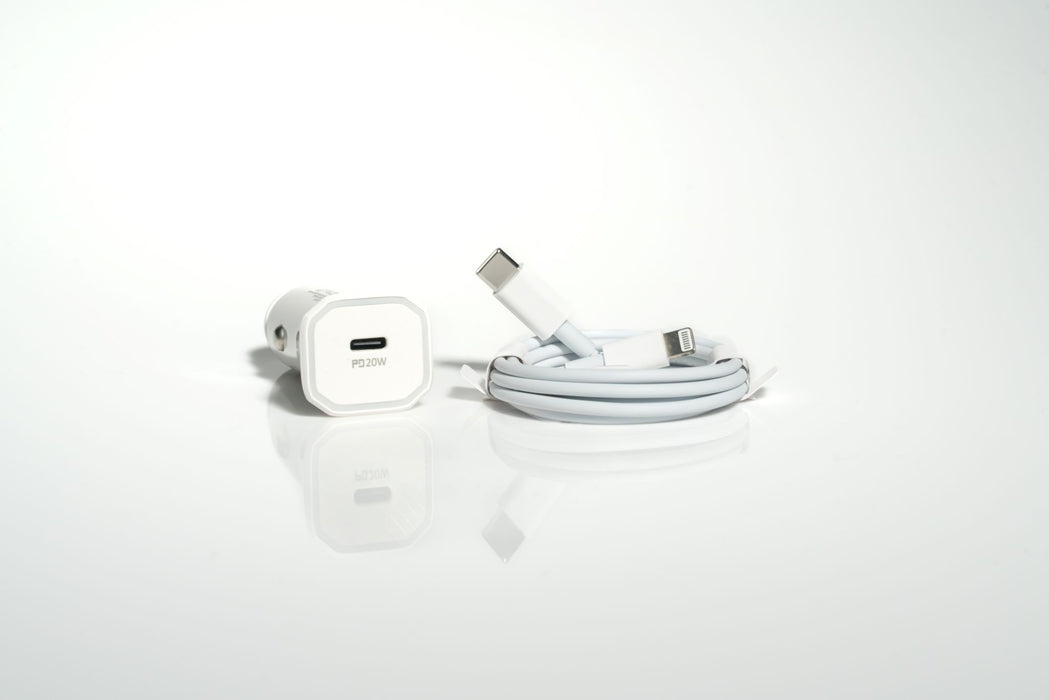 20W USB-C Car Charger – Includes USB-C to Lightning Cable (White)